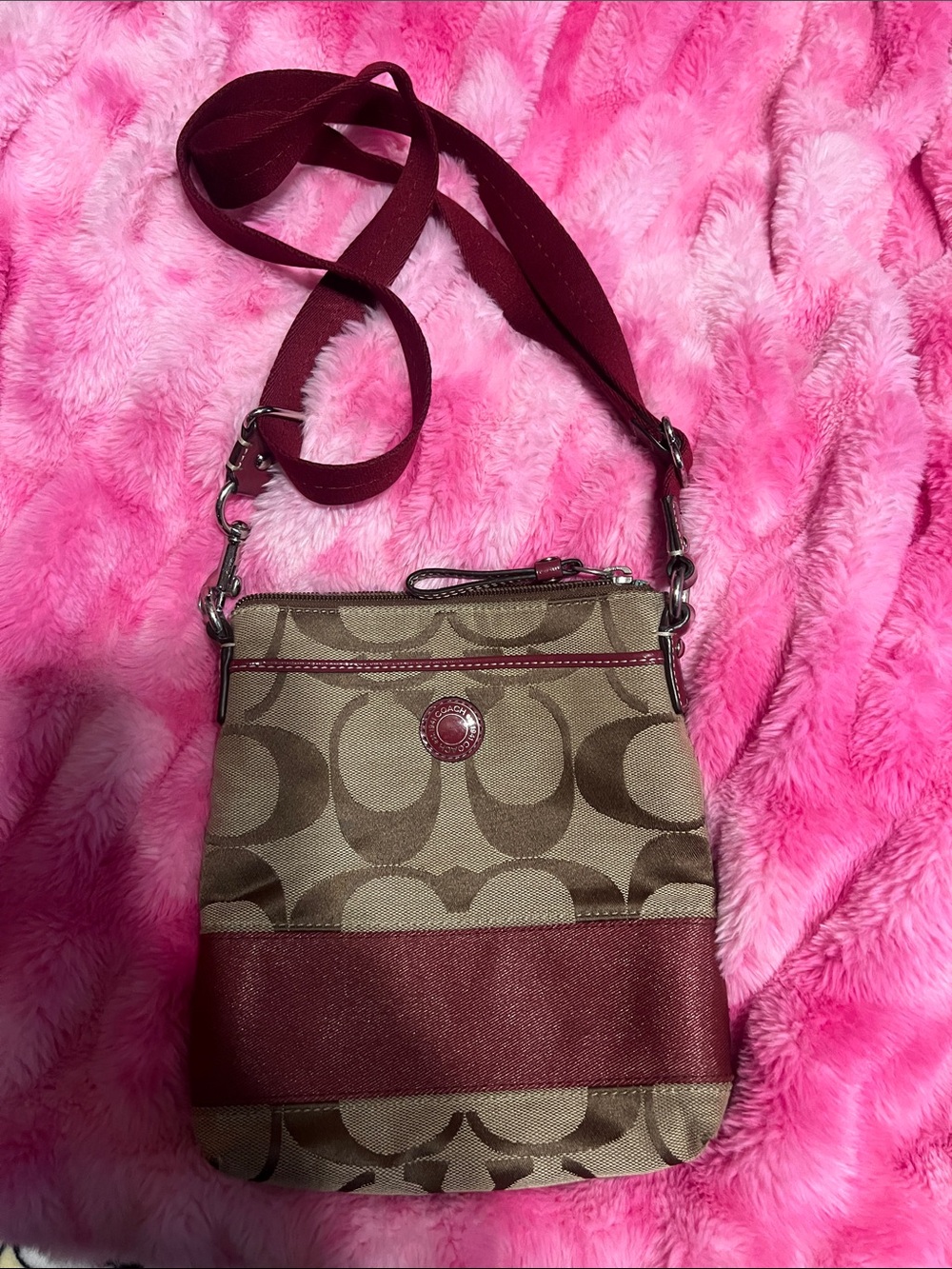 Coach Signature Tan and Burgundy Crossbody Bag